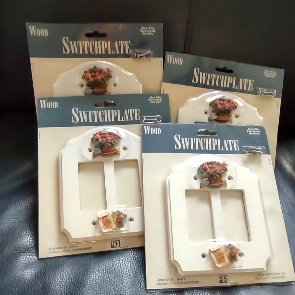 Vintage FIGI White Gardening Wood Double Rocker Switch Plate Outlet Cover. NOS